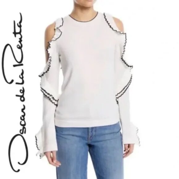 NEW Oscar de la Renta Cold Shoulder Long-Ruffle-Sleeve Wool Knit Pullover Top S - Picture 12 of 12